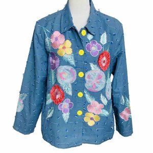 VTG Indigo Moon Floral Embroider Jacket Size L Coastal Granny Cottage Core Boho